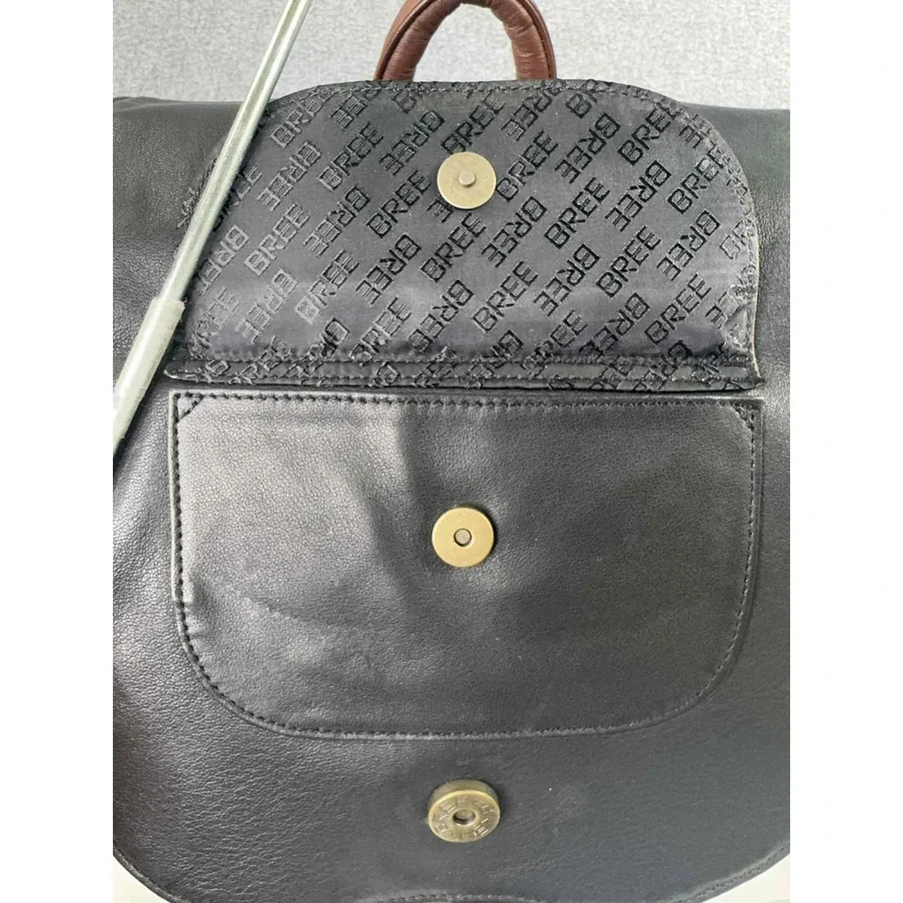 BREE Germany Leather Backpack Purse Black Brown Two Tone Drawstring Flap Bag VTG